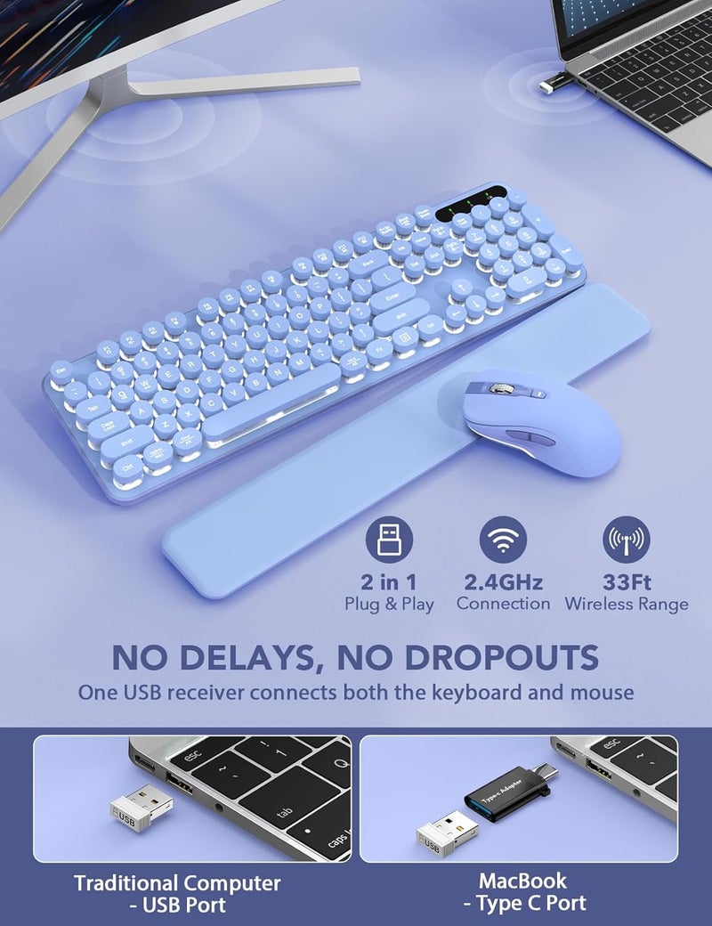 Trueque Wireless Keyboard and Mouse Backlit - Typewriter Keyboard with Retro Round Keycaps, Detachable Wrist Rest, Light Up Letters, 2.4G Rechargeable Combo for Mac, Windows, PC, Laptop, (Purple) - Image 4